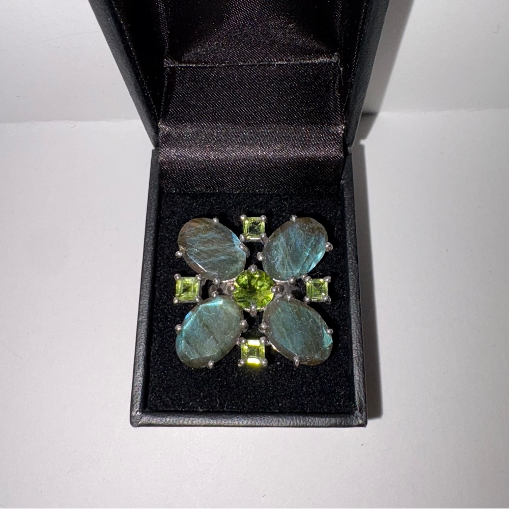 925 Sterling Silver Labradorite Peridot Green Gemstone Large Cluster Ring Size 7 - Picture 2 of 3